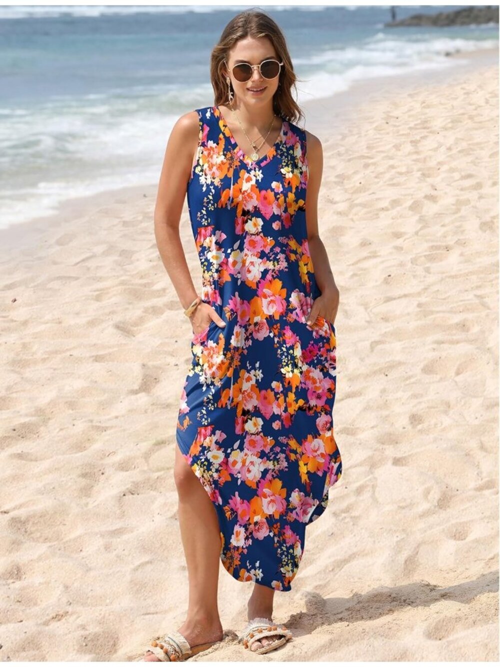 〽️Women's Floral Navy Blue Sleeveless Ankle Length Pull On Imported Maxi Dresses